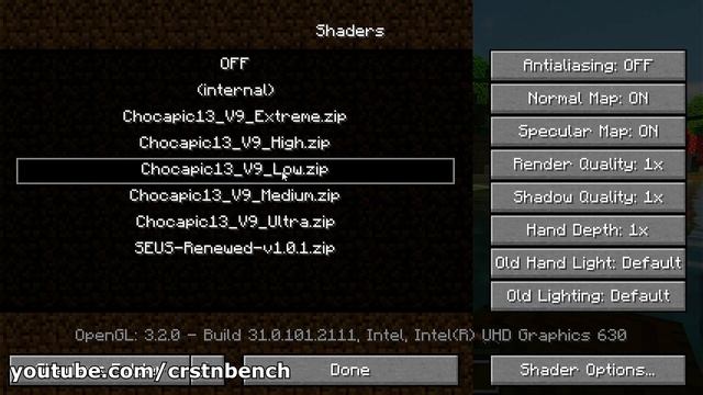 Intel Core i3-10100 \ Intel UHD Graphics 630 \ Minecraft Java 1.19.2 Chocapic13 V9 low shaders @720