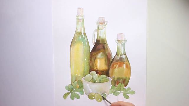 Акварель | Бутылки с маслом (Watercolor | Bottles of olive oil) смотреть онлайн
