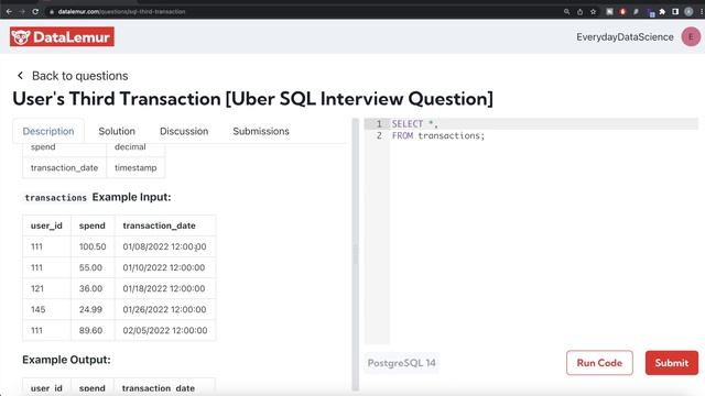 UBER Interview Question Solved - SQL | "User's Third Transaction" | Everyday Data Science