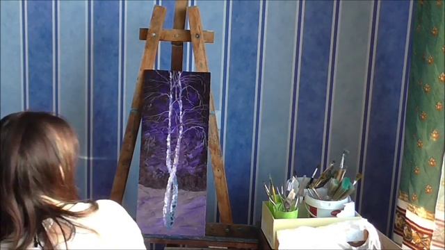 Рисуем зимний пейзаж с березами вместе!Картина маслом,мастихином,Oil Paintings.Круглова Людмила. смотреть онлайн
