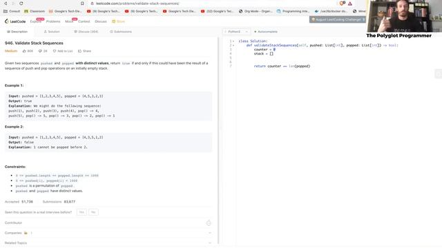 Leetcode - 946 - Validate Stack Sequences - Python смотреть онлайн