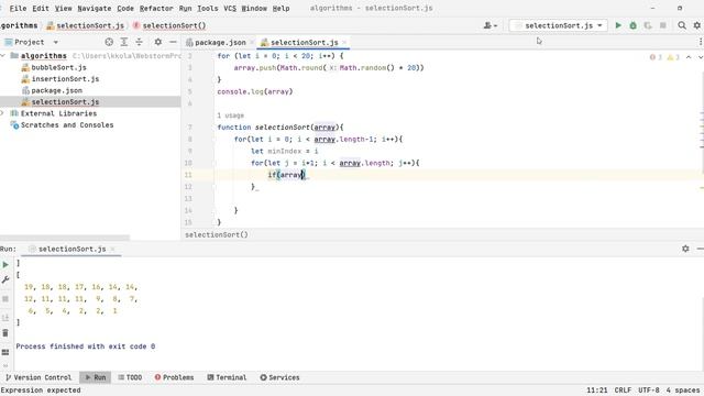Сортировка выбором (selection sort) JavaScript смотреть онлайн