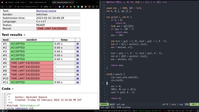 CSES - Removal Game | Game Theory DP | Screencast | C++ Neovim смотреть онлайн