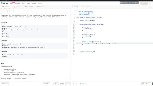 Leetcode 518. Coin Change 2 (Dynamic Programming) - javascript