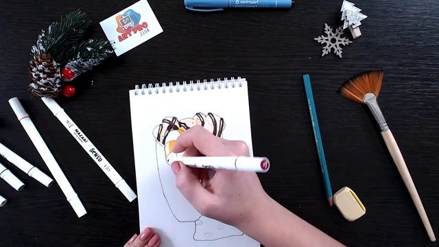 ?️ Зимний скетч маркерами — рисуем чашку какао с маршмеллоу | Art Pro Club