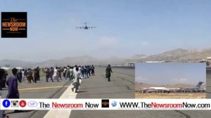 Kabul International Airport, Afghan people are running along a U.S Aircraft and hanging onto its