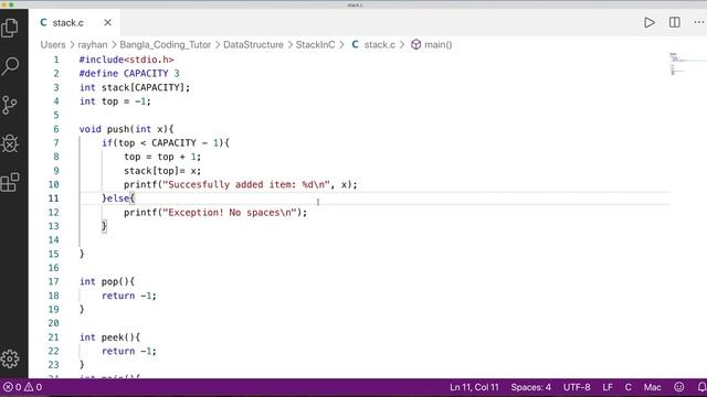Stack in C Bangla Tutorial- Code implementation. Data Structure Bangla Tutorial in C.