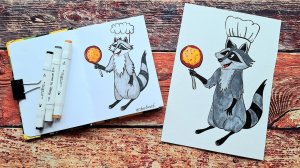 Рисуем Енота с блинчиком Скетчинг маркерами для детей и начинающих #sketching #racoon #скетчинг