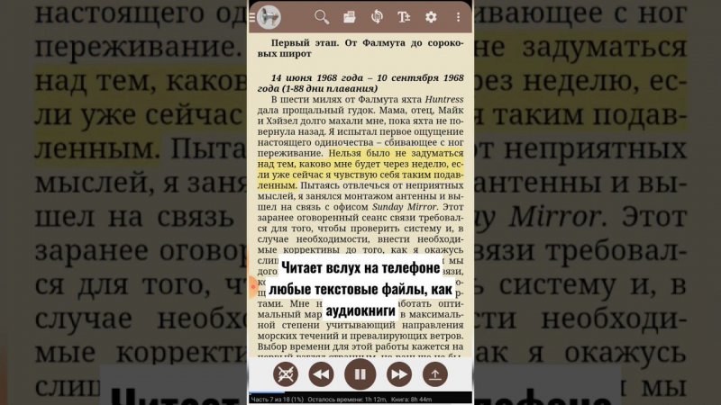 Синтезатор речи на телефоне. Очень удобно слушать книги в машине. Книга может быть любым текстом