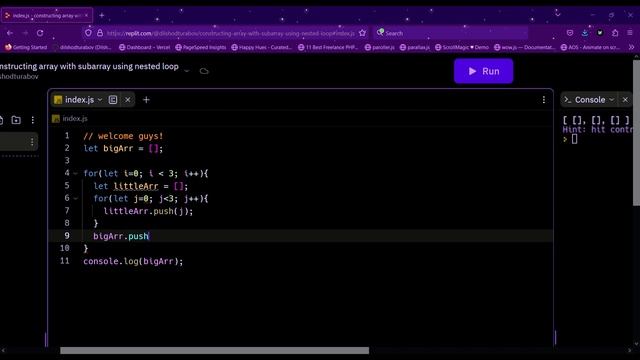 Algorithms #1.08k  JavaScript | Constructing array with subarray using nested loop | Dilshod Turabo