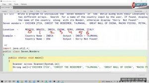 Lecture 17 - Java Array String program To Find Seven wonder name from given country name | Year 201