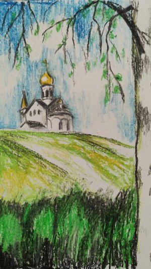 Белогорье. Работа масляной пастелью.