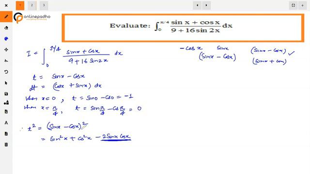 XII Integrals Evaluate   int 0 to π/4  (sinx + cosx) / (9 + 16 sin2x)  dx