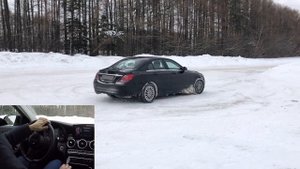Поведение MERCEDES-BENZ C180 на заднем приводе по заснеженной дороге