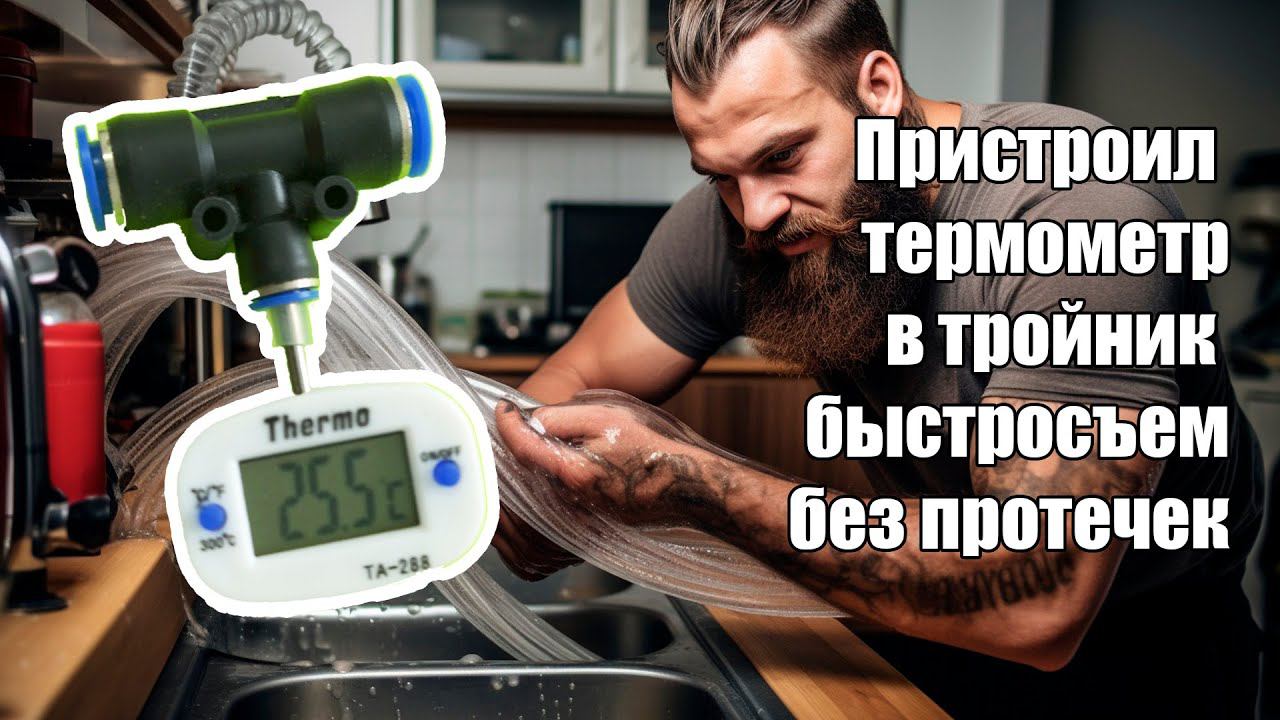 Установка термометра в тройник быстросъем без протечек. Контроль температуры воды с дефлегматора.