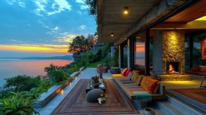 Cozy Lakeside Porch Ambience ☕ Sunset Spring with Soothing Jazz Music and Fireplace Sounds to Relax