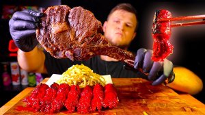 Стейк томагавк, грибы эноки, паста песто. ASMR MUKBANG, АСМР МУКБАНГ,