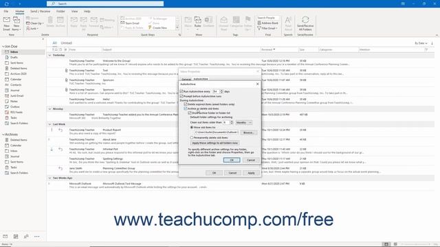 Outlook 2019  365 Tutorial Setting AutoArchiving for Folders Microsoft Training
