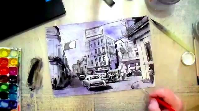 Городской пейзаж. Куба. Картины акварелью для начинающих