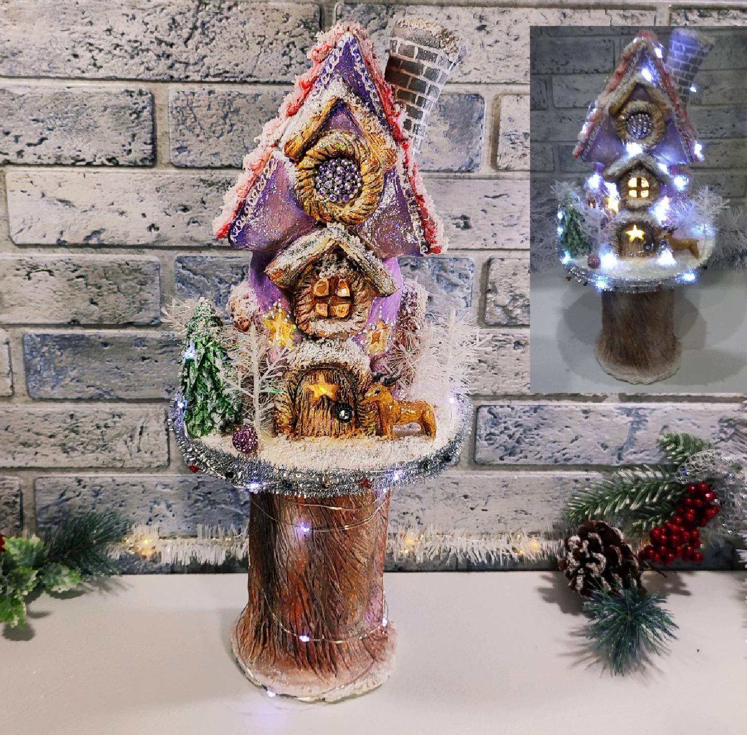 Рождественский домик с подсветкой своими руками из соленого теста и пластиковой бутылки. DIY.