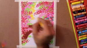 How to draw spring season landscape scenery drawing step by step with oil pastel