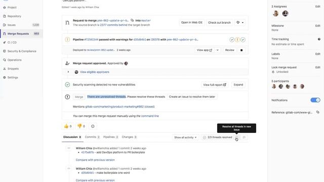 How to resolve threads before merging