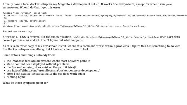 Magento: Magento 2 local Docker - running less:theme fails for file not found, but file is present смотреть онлайн