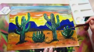 Как нарисовать пейзаж с кактусами гуашью