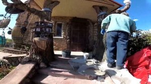 Оформление входной группы в дом,  виде  деревьев. лепка коры на  пеньке,  покраска  дерева из бетон