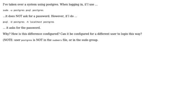 Databases: "sudo -u postgres psql postgres" does not ask for password смотреть онлайн