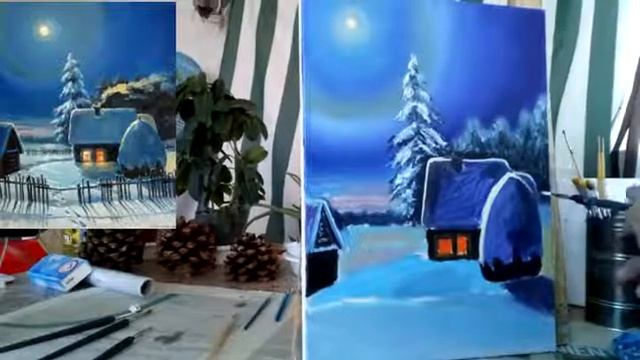 Как нарисовать ночной зимний пейзаж маслом/How to paint a winter night landscape with oil. смотреть онлайн