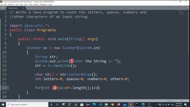 Write a Java program to count the letters spaces numbers and other characters of an input string