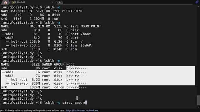 lsblk command to list all the block device attached to rhel redhat #linux  servers.