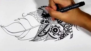 Drawing Feather with Zentangle Pattern. Timelapse Drawing Feather. How To Draw Beautiful Feather Ar