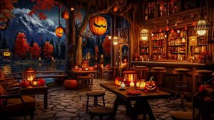 Spooky Halloween Night at Cozy Fall Coffee Shop Ambience 🎃 Warm Jazz Music for Relax, Work, Study
