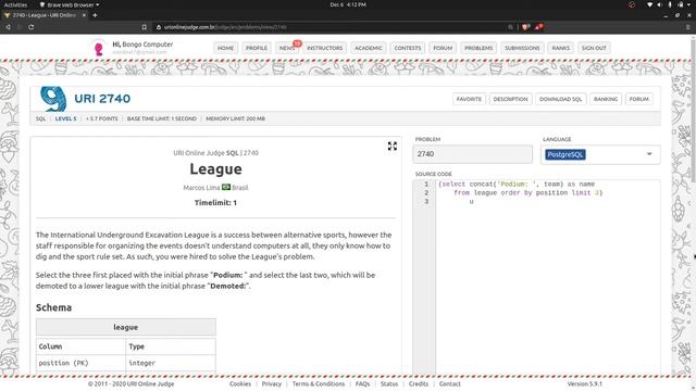 How To Solve URI Online Judge SQL #2740 - League