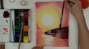 Закат акварелью. Рисуем пейзаж поэтапно. Как нарисовать закат шаг за шагом. Урок рисования.