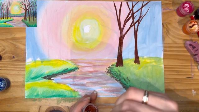 Рисуем весенний пейзаж красками для начинающих.