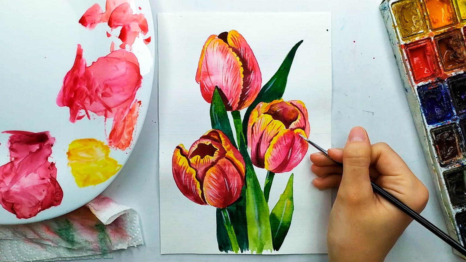 Как нарисовать тюльпаны акварелью поэтапно. Рисунок на 8 марта. Акварель для начинающих