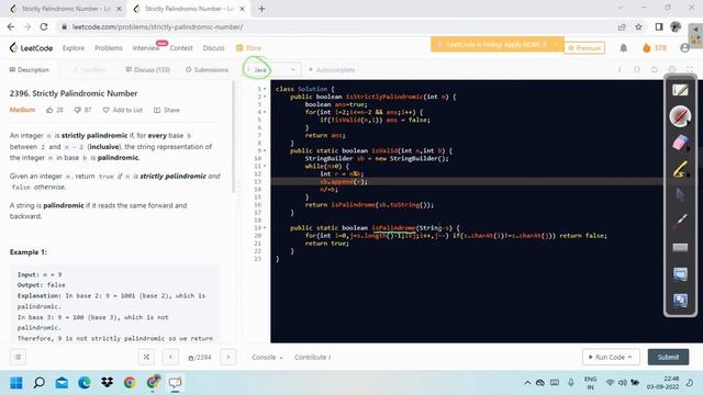 2396. Strictly Palindromic Number || JAVA Code || C++ Code || LeetCode || 100% Faster || смотреть онлайн