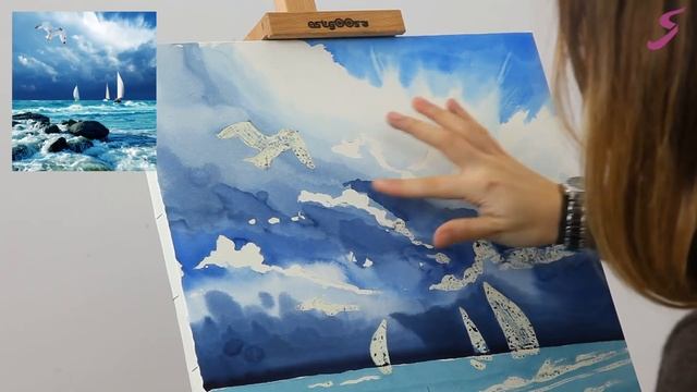 Мастер-класс по акварели «Морской пейзаж с чайкой и яхтами»