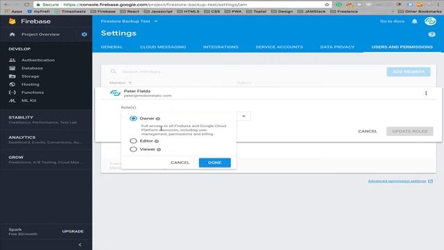 Change user permissions in Firebase project