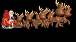 Футаж летающие олени в упряжке с санями и дедом морозом.