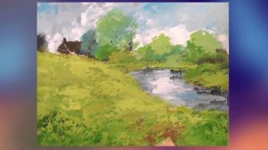 Рисуем резиновым шпателем летний пейзаж акрилом