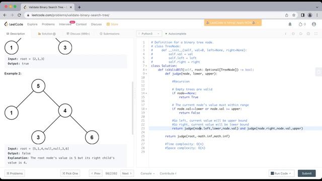 LeetCode 98: Validate Binary Search Tree (python recursion solution) смотреть онлайн