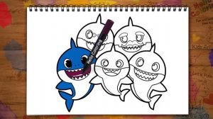 Эльза рисует и разукрашивает героев мультфильмов Семья акул Раскраска для малышей Учим цвета