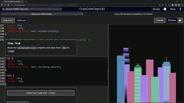 Learn CSS | FreeCodeCamp Learn CSS Variables by Building a City Skyline - Step 76