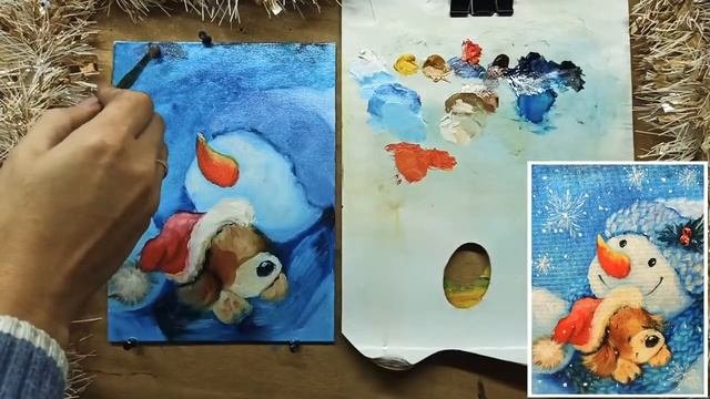 ?Снеговик и Собачка/ как рисовать снеговика/ картина масло/Марина Бердник