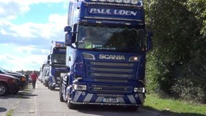 Scania V8, Volvo Fh... Trucks leaving Newark showground 2014.