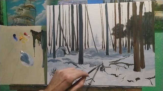 Пишем картину по мотивам И. Шишкина "Зима" часть 1как рисовать снег и заснеженные ели и сосны аrt смотреть онлайн